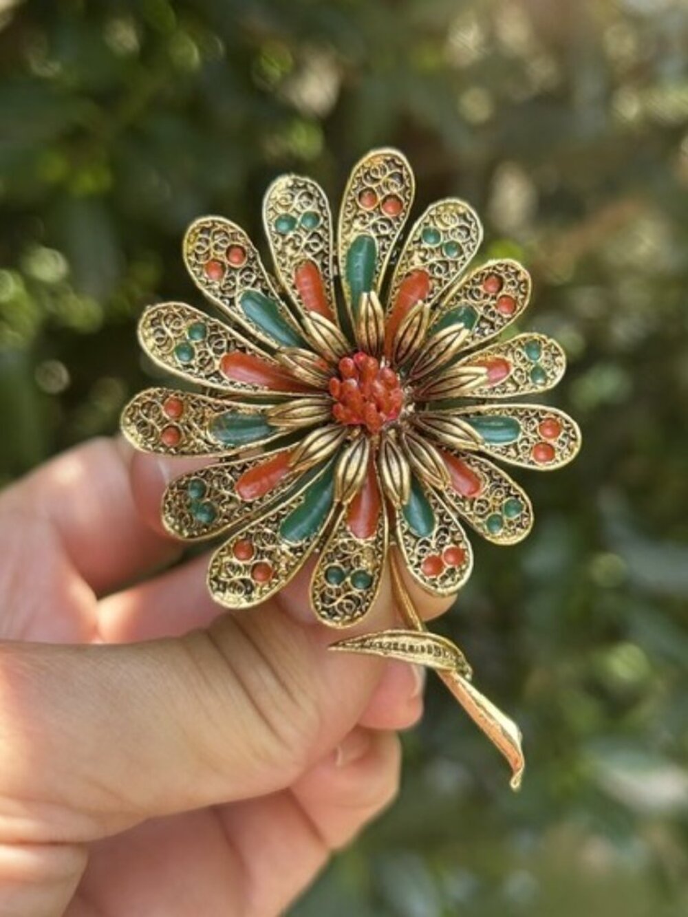 ART Arthur Pepper Large Floral Gold Filigree 3-D Orange/Green Enamel BROOCH